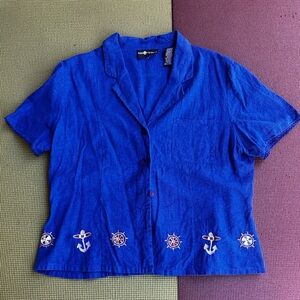 Vintage nautical Button up shirt, Blue button up blouse, nautical blouse